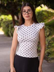 Andrea Bello 女式圆点印花圆领盖袖休闲T恤 - 白色 - 查看 1