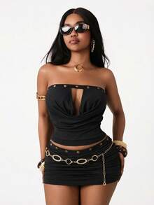 Vadaroq 女士春夏街头风外出度假穿搭 波西米亚复古时尚弹力舒适抹胸上衣搭配金属装饰紧身棕色半身裙两件套 - 黑色 - 查看 1