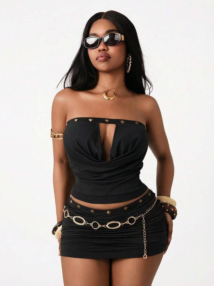 Vadaroq 女士春夏街头风外出度假穿搭 波西米亚复古时尚弹力舒适抹胸上衣搭配金属装饰紧身棕色半身裙两件套 - 黑色 - 查看 1