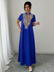 Rafferiza Contrast Color Embroidered Mandarin Collar Rhinestone Embellished Loose Long Dress For Women - Royal Blue - View 4