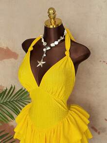 Sunspun Sexy Deep V Neck Backless Layered Ruffle Hem Jumpsuit, Yellow Jumpsuit, Elegant Party Jumpsuit, Summer Jumpsuit, Summer Holiday Outfit, Women's Beach Wear, Vacation Jumpsuit, Women's Casual Jumpsuit, Body-Con Tight Jumpsuit - Yellow - View 5