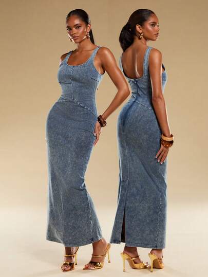 Normani Women's Sleeveless Solid Color Wide Strap Square Neck Fitted Fashionable Long Denim Dress For Summer