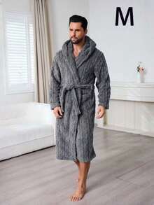 1PC Autumn/Winter Multicolor Long Plush Cable Knit Hooded Bathrobe, Elegant & Charming Fashion Men's Casual Loungewear & Couples Robe - Dark Grey - View 11
