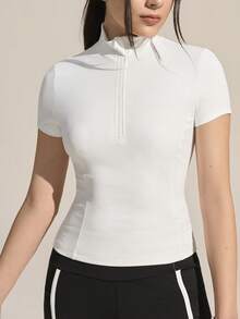 Exploreva Women's Solid Color Mandarin Collar Short Sleeve Top, Contrast Trim Fitted Shorts Outdoor Suit Women's Sportswear Women's Running Wear - Black and White - View 7