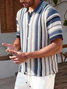 Manfinity Homme 男士条纹镂空短袖单排扣休闲针织上衣 - 薄荷藍 - 查看 6