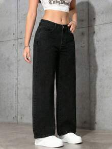 SHEIN Tall Quần jean denim nữ thời trang, thoải mái, đa năng, rộng rãi, có thể điều chỉnh. - màu đen - Xem 5