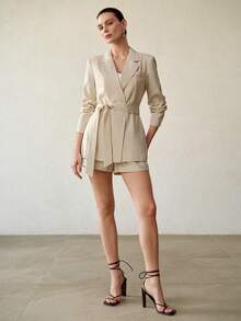 MOTF PREMIUM 闪亮金色亮片亚麻时尚女式西装外套 - 杏色 - 查看 6