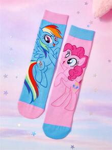 My Little Pony X SHEIN 3双装不对称袜子，柔软透气吸湿，休闲不对称设计，中筒袜，甜美卡通图案，时尚可爱糖果色，女士及女孩袜子，加固趾部和脚跟，经久耐穿，四季皆宜，百搭夏季冬季，图案袜子，Y2K风格，糖果色。 - 彩色 - 查看 12