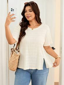 Lounesse 大码休闲纯色短袖T恤，侧开衩，夏季女式上衣，夏季休闲上衣，女士上衣，衬衫，T恤，女士上衣和衬衫 - 杏色 - 查看 5