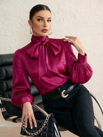 Aveloria Modichic Solid Color Tie Neck Lantern Sleeve Blouse Holiday Party Clothes Button Up Shirt Women 