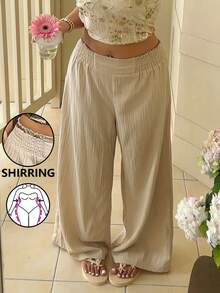 GalTyme 大码女式纯色褶皱休闲百搭阔腿裤，适合日常穿着 - 杏色 - 查看 3