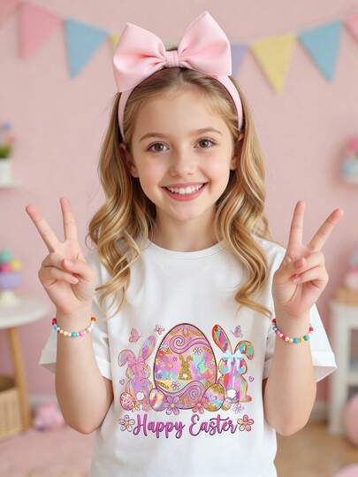 Tween Girls Cute Rabbit & Floral Print Short Sleeve Top, Casual & Comfortable For Spring/Summer, Versatile Design Suitable For Outdoor, Picnic, Street Photography, Home, School, Festivals, Gifts