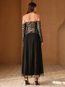 Anewsta 春夏新款优雅女士长裙，正式派对高端3D蕾丝无肩带连衣裙，闪亮婚纱 - 黑色 - 查看 2
