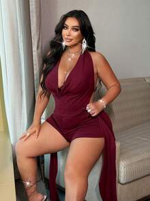 NU&NOW Women's Draped Neck Backless Sleeveless Top And Tight Shorts Set,Plus Size 2-Piece Burgundy Club Outfits,Summer 70's Party Rave Beach Romper - Burgundy - View 4