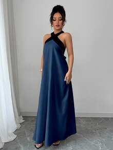 Rafferiza 撞色露背吊带蝴蝶结无袖连衣裙，休闲度假风女装 - 藏蓝色 - 查看 5