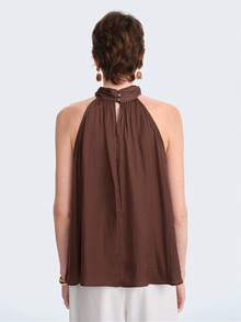 Aalyst Women's Coffee Brown Silk-Like Satin High Neck Ruffle Collar Sleeveless Tank Top,Summer Elegant Tea Party Backless Loose A-Line Hem French - Coffee Brown - View 5