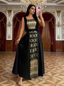 Rafferiza Women's Sleeveless Black Patchwork Gold Foil Long Dress, Spring/Summer - Black Gold - View 1