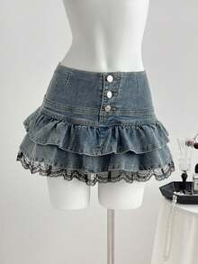 Elamini Women's Summer Casual Ruffled Lace Hem Denim Mini Skirt - Light Wash - View 6