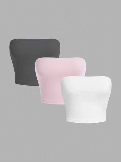 SHEIN Girlism 3pcs/Set Tween Girls' Casual Ruched Cropped Tube Top