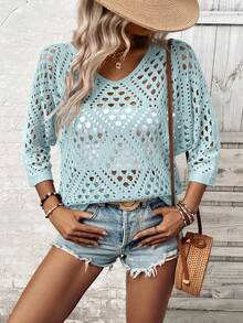 Breezaya Blusa holgada de mujer de manga 3/4 con diseño calado de punto - Azul - Ver 6