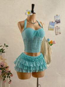 Soleia 女士春夏休闲度假褶皱雪纺吊带蝴蝶结背心+多层荷叶边半裙，适合复活节、海滩、邮轮、城市度假 - 水鴨藍 - 查看 9