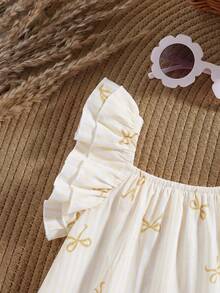 Baby Girl Summer Cute Yellow & White Striped Bow Ruffle Romper Yellow Vintage Baby Girl Clothes Ruffle Sleeve Baby Top 2pcs Set Toddler Girls Cute Vintage Style Bow Print Baby Clothes - Yellow - View 3