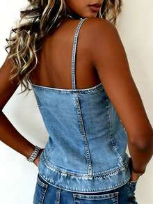 EMERY ROSE New Arrival Retro Letter & Denim Effect Print Slim Fit Cropped Camisole For Women - Blue - View 2