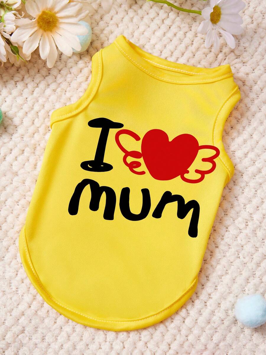 PETSIN 1 chiếc áo tank top cho thú cưng in hình cánh thiên thần dễ thương "Love MUM" màu vàng, mềm mại, thoáng khí và thoải mái. - Màu vàng - Xem 1