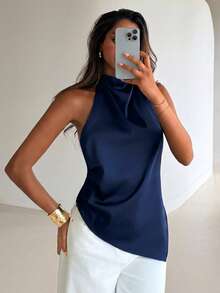 Aloruh Women's Solid Color Elegant Backless Halter Neck Blouse, Suitable For Party, Commute And Vacation,Summer Top - Navy Blue - View 6