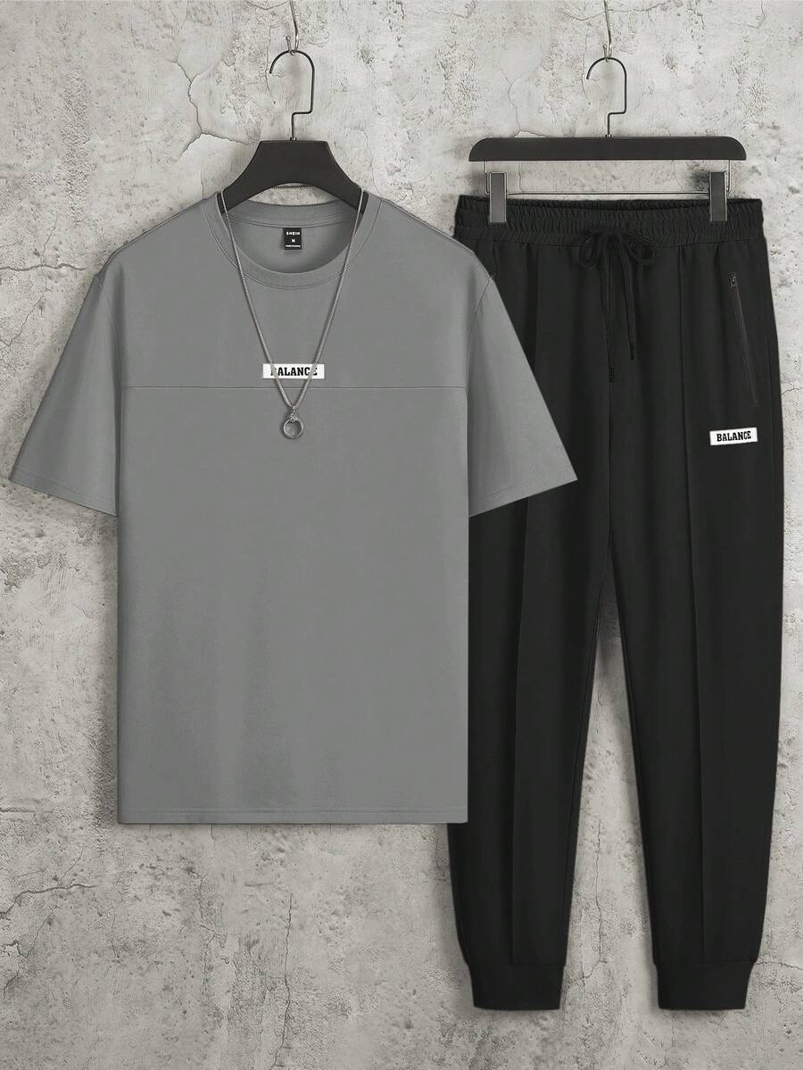 Manfinity Homme 2件組男士休閒日常字母圖案短袖T恤與短褲,夏季兩件套慢跑運動服套裝男裝 - 灰色 - 查看 1