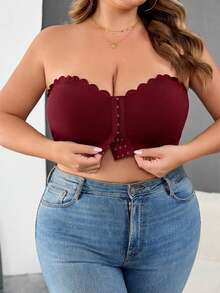 SHEIN CURVE+ 大码女装/秋季服装/女士秋季服装/女士冬季服装/大码女士前扣露脐上衣，性感修身吊带背心，女士秋季服装，冬季，大码 - 酒紅色 - 查看 3