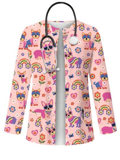 PopScrub Colorful Puppy, Heart & Flower Cartoon Print Pink Scrub Jacket, Fashion Cardigan With Hanging Earrings Design For Women Nurse Uniform Top, Uniform Coat, Spring/Summer