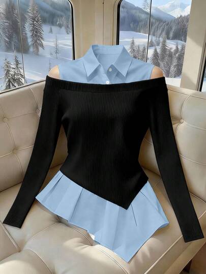 Franclia Blouse minimaliste française 2 en 1 avec épaules dénudées et manches bouffantes, contraste classique noir et blanc pour femmes