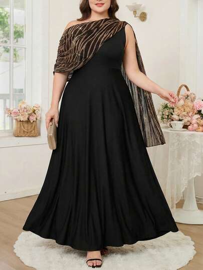 Reflora 大码女式斑马纹不对称肩部设计优雅连衣裙