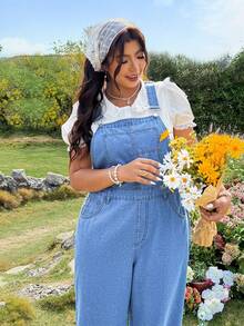 Breezaya Plus Size Women Casual Loose Denim Bib Overalls - Blue - View 4