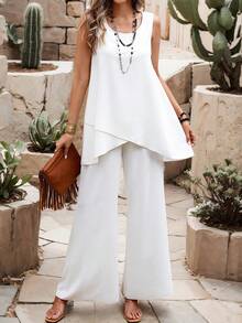 Weeklong Plus Size Solid Color Round Neck Asymmetric Hem Tank Top And Wide Leg Pants 2 Pieces Set - White - View 1