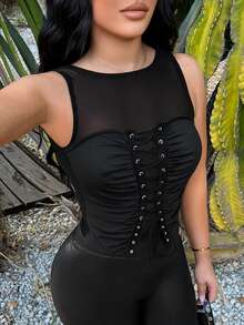 SHEIN SXY Black Sexy Mesh Patchwork Sheer Back Tank Top - Black - View 1