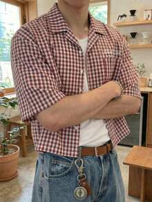 Manfinity Unisex Men's Casual Plaid Letter Embroidered Shirt, Summer - Red - View 8