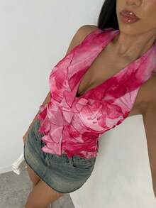 Glamine 女士渐变扎染露背吊带衫（紫红色）| 3D荷叶边褶皱设计深V领无袖上衣 | Y2K修身露腰短款系带露背上衣 | 夏季度假、通勤和约会之夜的百搭内搭 - 粉色 - 查看 2