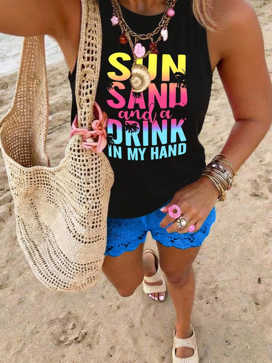 DrmWander Áo thun không tay họa tiết cây cọ và chữ in thường ngày cỡ lớn dành cho nữ - màu đen - Xem 1