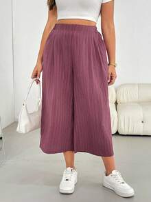 Enliva Plus Size Women's Spring And Summer Fashion Casual Loose Comfortable Cool Daily Basic Versatile Texture Fabric Elastic Waist Pink Wide Leg Pants, Women Bottom, Flowy Pants, Simlpe Style, European Summer, Capri, Vacation Pants, For Apple And Rounded Body Shape - Pink - View 5