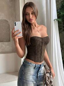 Aloruh Women's Summer New Coffee Color Elegant Sexy Fashionable Romantic Minimalist Wedding Guest Floral Patchwork Strapless Bustier,Summer Top - Coffee Brown - View 8
