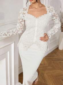 Modelyn Robe moulante à manches longues pour femmes, col en cœur, patchwork en dentelle, taille avec boutons, couleur unie, grande taille - Blanc - Voir 4