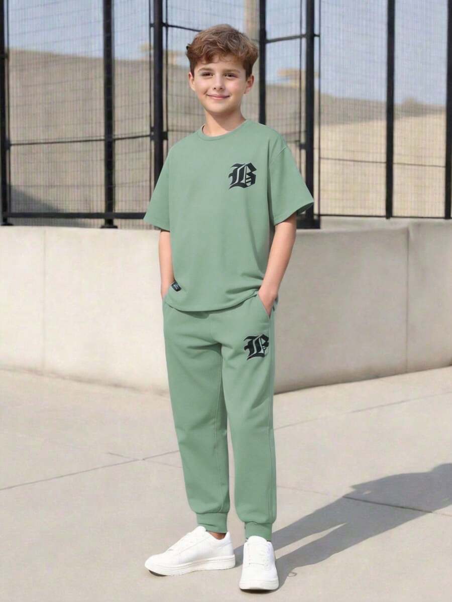 Vacaura 2pcs/Set Casual Teenage Boys' Letter Graphic & Logo Design T-Shirt Set, Fashionable Minimalist Texture Suitable For Daily Commute - Mint Green - View 1
