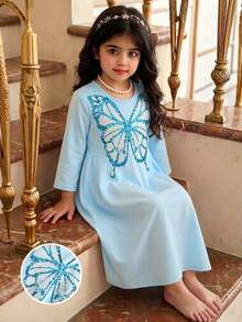 Sky Blue,Autumn,Elegant,Traditional,Wedding Girls Blue Butterfly Dress,Arabic Kids Sequin Long Sleeve Moroccan Caftan,Prayer Abaya Kids Summer Outfit - Blue - View 9