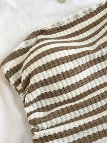 SHEIN 青少年女孩休閒簡約舒適條紋抹胸上衣與短褲套裝 - 摩卡棕 - 查看 5