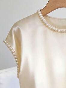 GlowEve 女士时尚优雅通勤风纯色串珠工艺圆领落肩宽松套头T恤 - 杏色 - 查看 5