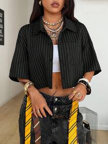 Coolane 女士春夏复古学院风格子宽松露脐上衣红色衬衫，适合新年穿着 - 黑色 - 查看 6