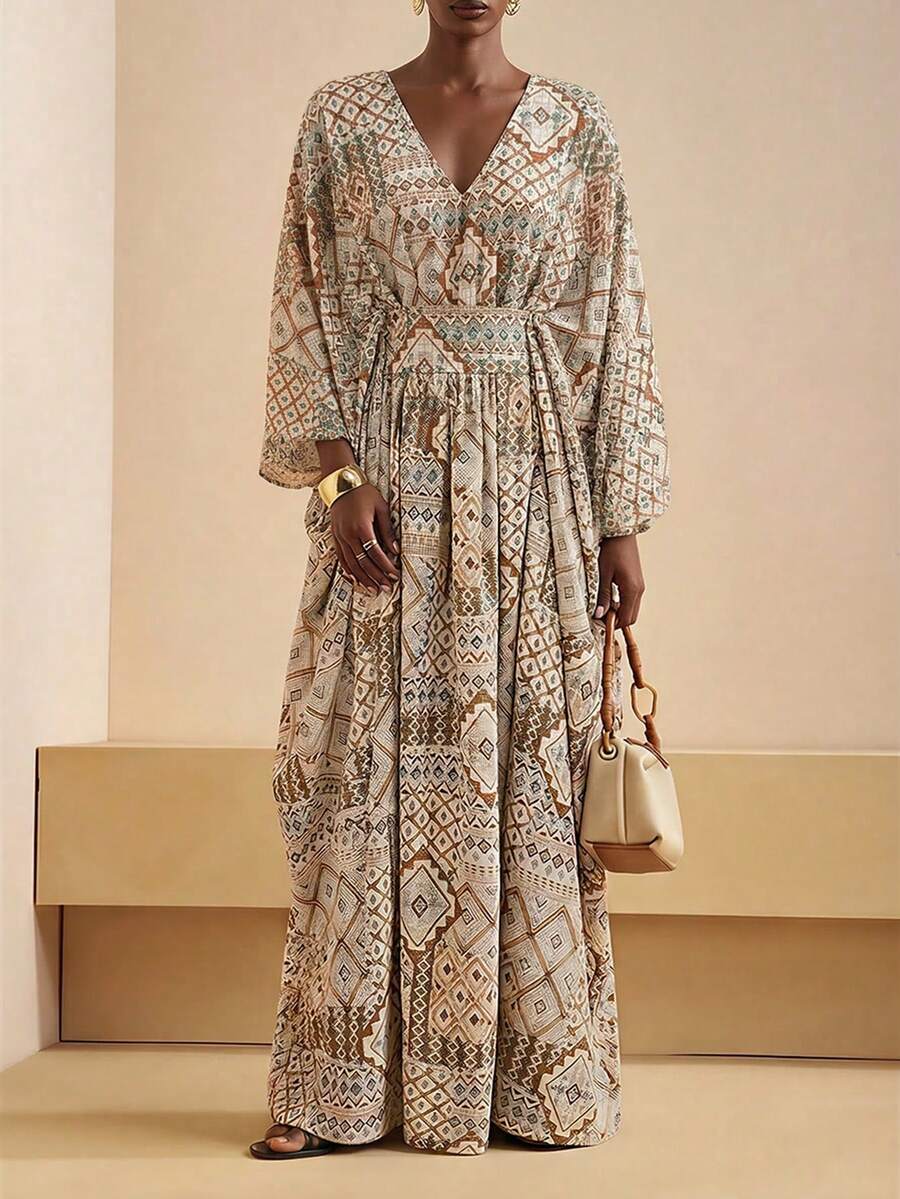 Vesra Đầm Bohemian dáng rộng cổ chữ V sâu in họa tiết dành cho nữ - màu nâu - Xem 1