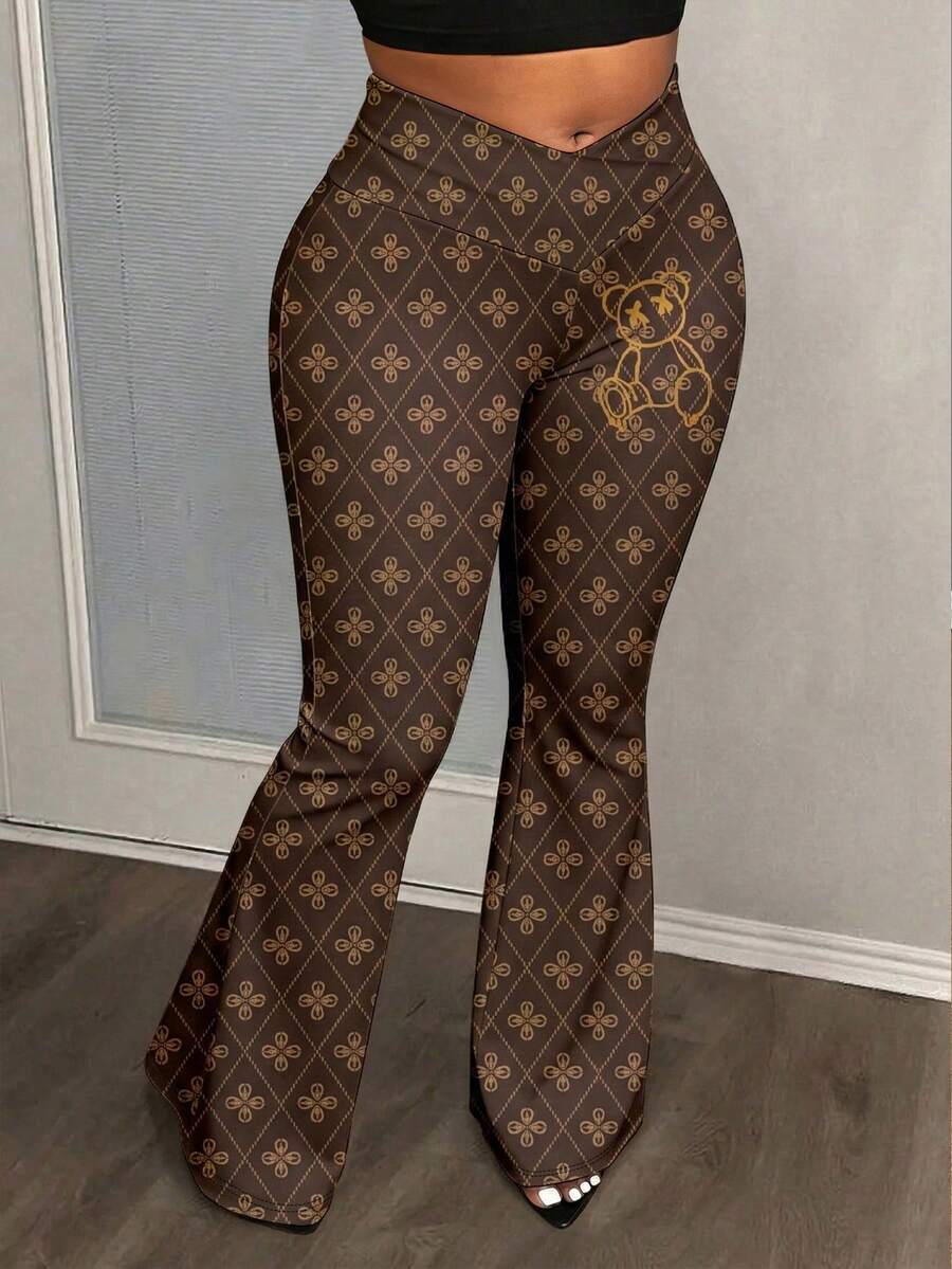 Slaydiva 大码女式花卉卡通熊印花不对称腰部喇叭裤泰迪熊印花裤女裤女式高个长裤女式喇叭裤图案裤 - 彩色 - 查看 1